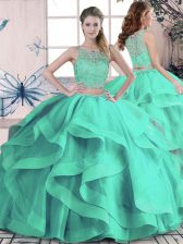  Sleeveless Tulle Floor Length Lace Up Quinceanera Dress in Turquoise with Beading and Ruffles