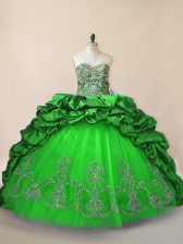 Beautiful Green Ball Gowns Taffeta and Tulle Sweetheart Sleeveless Beading and Pick Ups Lace Up 15 Quinceanera Dress Brush Train