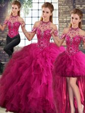  Fuchsia Three Pieces Halter Top Sleeveless Tulle Floor Length Lace Up Beading and Ruffles 15 Quinceanera Dress