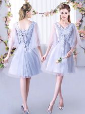  Grey A-line Lace Quinceanera Court of Honor Dress Lace Up Tulle Sleeveless Mini Length