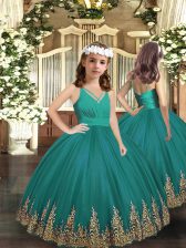 Elegant Turquoise Tulle Zipper Kids Pageant Dress Sleeveless Floor Length Embroidery