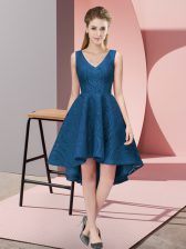 Exceptional Navy Blue Lace Zipper Court Dresses for Sweet 16 Sleeveless High Low Lace