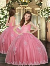 Elegant Floor Length Watermelon Red Little Girl Pageant Dress Tulle Sleeveless Appliques