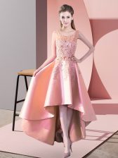  Sleeveless High Low Lace Zipper Dama Dress for Quinceanera with Peach