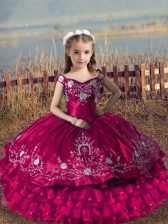 Adorable Fuchsia Off The Shoulder Lace Up Embroidery and Ruffled Layers Little Girl Pageant Gowns Sleeveless