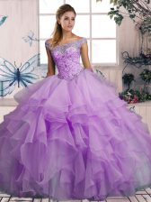  Organza Off The Shoulder Sleeveless Lace Up Beading and Ruffles Sweet 16 Quinceanera Dress in Lavender