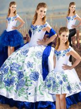 Captivating Sleeveless Satin Floor Length Lace Up Ball Gown Prom Dress in Blue And White with Embroidery and Ruffles