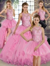 Extravagant Rose Pink Tulle Lace Up Ball Gown Prom Dress Sleeveless Floor Length Lace and Embroidery and Ruffles