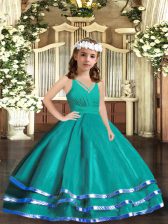  Ruffled Layers Kids Formal Wear Turquoise Zipper Sleeveless Floor Length