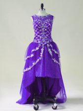 Popular Purple A-line Tulle Scoop Sleeveless Beading and Appliques High Low Zipper Prom Dress