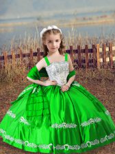 Beauteous Floor Length Green Little Girls Pageant Gowns Satin Sleeveless Beading and Embroidery
