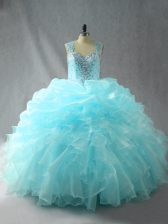  Straps Sleeveless Tulle 15 Quinceanera Dress Beading and Ruffles Zipper