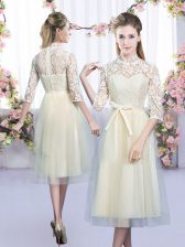 Unique High-neck Half Sleeves Court Dresses for Sweet 16 Tea Length Lace and Bowknot Champagne Tulle