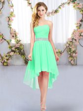 Extravagant High Low Lace Up Quinceanera Court Dresses Green for Wedding Party with Belt