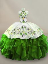 Comfortable Green Halter Top Neckline Embroidery 15 Quinceanera Dress Sleeveless Lace Up