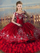  Off The Shoulder Sleeveless Lace Up Sweet 16 Quinceanera Dress Red Satin