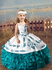  Organza Sleeveless Floor Length Little Girls Pageant Dress and Embroidery and Ruffles
