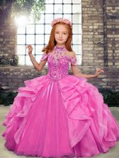 Admirable Rose Pink Little Girls Pageant Gowns Party and Wedding Party with Beading and Ruffles High-neck Sleeveless Lace Up