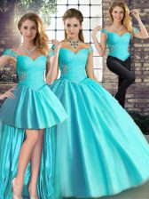 Stylish Aqua Blue 15 Quinceanera Dress Military Ball and Sweet 16 and Quinceanera with Beading Off The Shoulder Sleeveless Lace Up