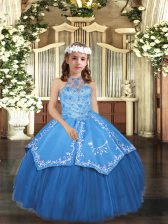  Sleeveless Tulle Floor Length Lace Up Kids Formal Wear in Blue with Embroidery