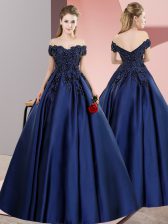  Navy Blue A-line Off The Shoulder Sleeveless Satin Floor Length Zipper Lace Ball Gown Prom Dress