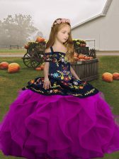 Hot Sale Fuchsia Straps Lace Up Embroidery and Ruffles Little Girls Pageant Gowns Sleeveless