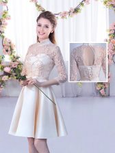 Pretty Satin High-neck Half Sleeves Lace Up Lace and Belt Damas Dress in Champagne
