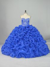 Colorful Organza and Elastic Woven Satin Sweetheart Sleeveless Brush Train Lace Up Beading and Pick Ups Quinceanera Gowns in Blue
