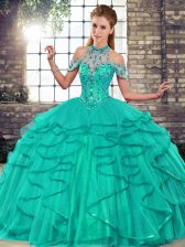  Turquoise Ball Gowns Halter Top Sleeveless Tulle Floor Length Lace Up Beading and Ruffles 15 Quinceanera Dress