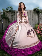 Modern Organza Sweetheart Sleeveless Lace Up Embroidery Quinceanera Gown in Fuchsia