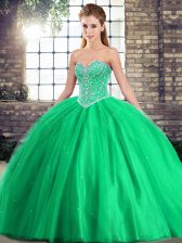  Green Tulle Lace Up Quince Ball Gowns Sleeveless Brush Train Beading
