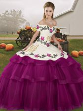 Fancy Fuchsia Lace Up Off The Shoulder Embroidery and Ruffled Layers Vestidos de Quinceanera Tulle Sleeveless Brush Train