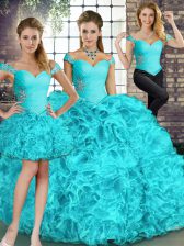 Discount Aqua Blue Organza Lace Up Off The Shoulder Sleeveless Floor Length Ball Gown Prom Dress Beading and Ruffles