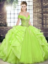 Decent Off The Shoulder Sleeveless Organza Quinceanera Dress Beading and Ruffles Lace Up