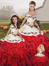 Ball Gowns Sweet 16 Dresses White And Red Off The Shoulder Organza Sleeveless Floor Length Lace Up