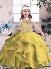 Classical Floor Length Lace Up Little Girl Pageant Dress Olive Green for Party and Wedding Party with Beading and Ruffles