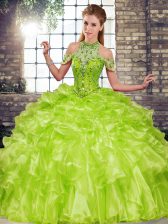  Floor Length Lace Up Ball Gown Prom Dress Olive Green for Military Ball and Sweet 16 and Quinceanera with Beading and Ruffles