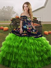 Modest Green Organza Lace Up Quinceanera Gowns Sleeveless Floor Length Embroidery and Ruffled Layers
