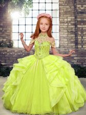 Fancy Yellow Green Lace Up Pageant Gowns Beading Sleeveless Floor Length