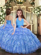  Floor Length Ball Gowns Sleeveless Blue Pageant Dress Lace Up