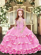  Lilac Lace Up Straps Beading and Ruffled Layers Pageant Dress for Girls Organza Sleeveless