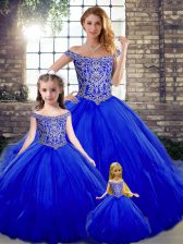 Royal Blue Ball Gowns Off The Shoulder Sleeveless Tulle Floor Length Lace Up Beading and Ruffles Ball Gown Prom Dress