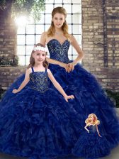 Luxury Floor Length Royal Blue Sweet 16 Dress Organza Sleeveless Beading and Ruffles