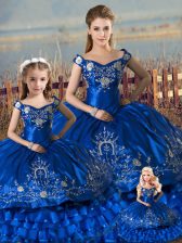 Latest Off The Shoulder Sleeveless 15th Birthday Dress Floor Length Beading and Ruffles Royal Blue Satin and Organza