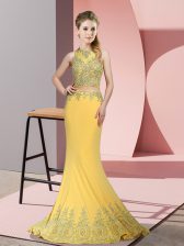 Super Gold Sleeveless Beading and Appliques Zipper Prom Gown