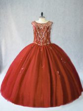 Customized Rust Red Ball Gowns Tulle Scoop Sleeveless Beading Floor Length Lace Up 15 Quinceanera Dress