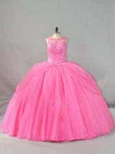 Designer Rose Pink Ball Gowns Beading and Appliques 15th Birthday Dress Lace Up Tulle Sleeveless