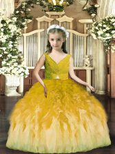  Olive Green Sleeveless Floor Length Beading and Ruffles Backless Child Pageant Dress