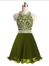  Olive Green Homecoming Dress Prom and Party and Military Ball with Beading Halter Top Sleeveless Lace Up