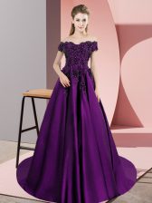 On Sale Eggplant Purple Quinceanera Gowns Satin Court Train Sleeveless Appliques